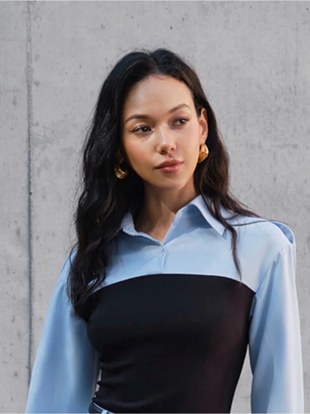 Commense Light Blue and Black Colorblock Button-Down Top - Picture 2 of 6